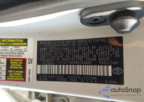 2021 Toyota Camry Se z USA, uszkodzony, nr VIN 4T1G11AK9MU559980